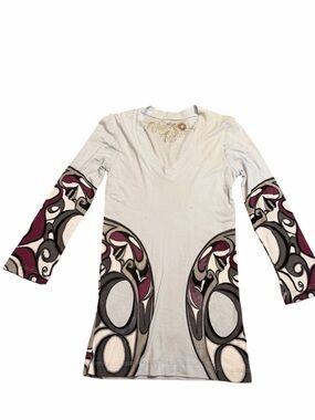 XCVI Abstract Print Long Sleeve Top Y2K Boho Tribal Graphic V Neck Fitted Small
